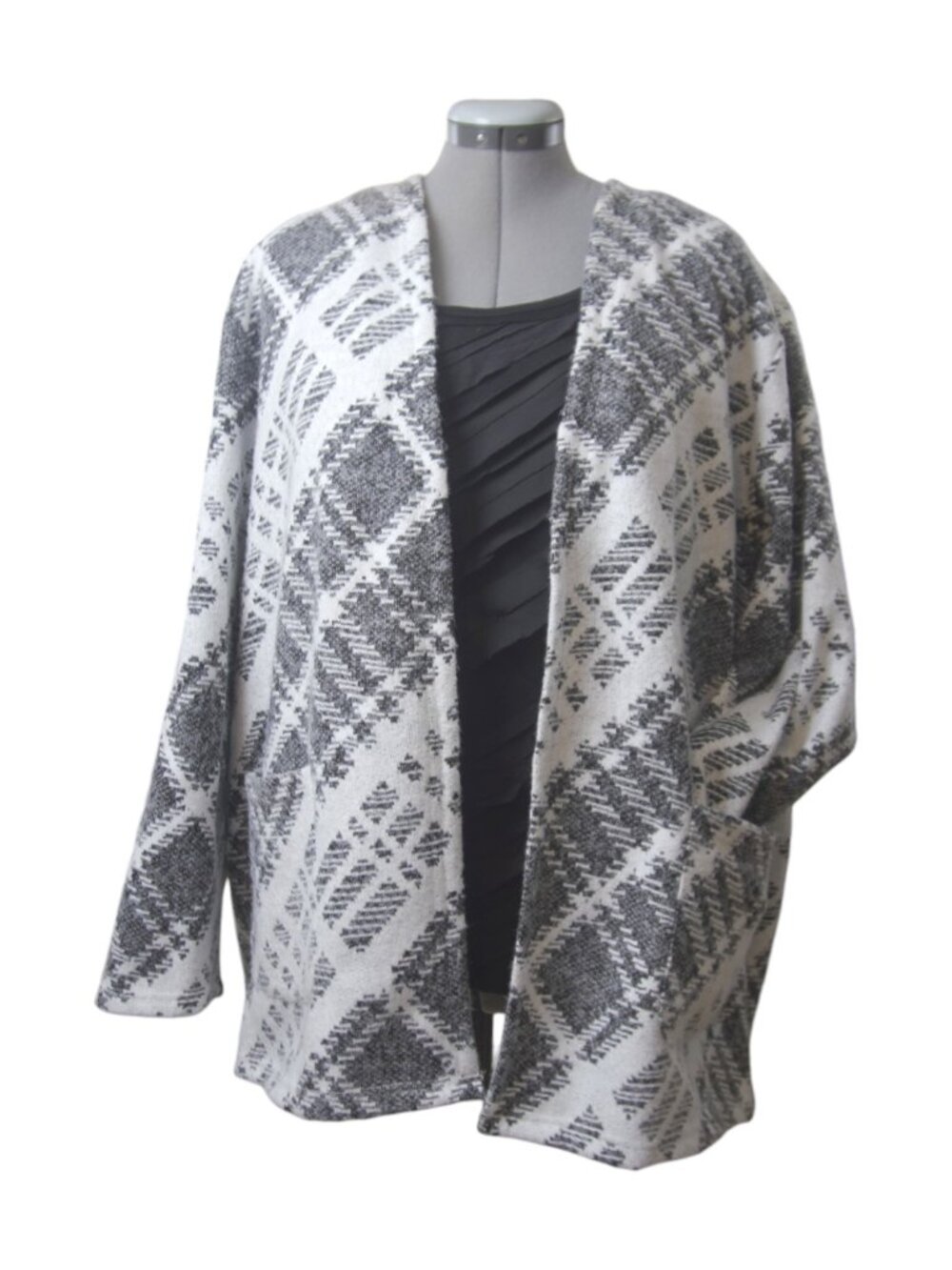Black & White Plaid Cocoon Coat Open Front Relaxed Fit with Pockets Sz 1X